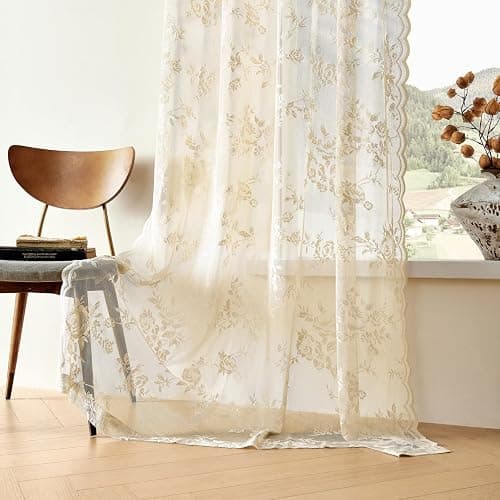 SEEKRIGHT Beige Lace Curtains 84 Inches Long Victorian Floral Sheer Curtains for Living Room Bedroom Decor Drapes Rod Pocket Light Filtering French Window Curtains 2 Panels Set for Dining Room, 52x84 thumbnail 6