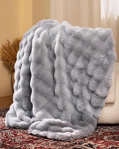 blunique Ultra Soft Cozy Faux Fur Throw Blanket, Fuzzy Plush Thick Bubble Blanket, Oversize Luxury Fluffy Blanket for Couch, Bed, and Living Room, 50x60 Inches, Light Grey thumbnail 3