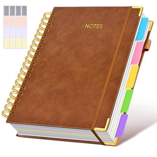Hardcover Spiral Notebook Journal with Removable Dividers Tabs, 300 Pages Leather 5 Subject Notebook College Ruled, 8"x10" Large B5 Notebooks for Work School, Lined Journal for Men, Light Brown - Image 1
