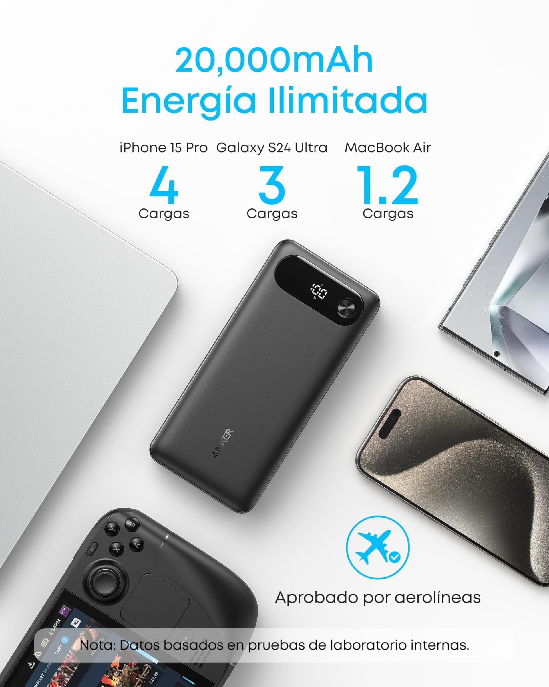 Anker Power Bank 20,000mAh, batería portátil para Viajes con Cable USB-C Integrado, Carga rápida 87W con 3 Puertos, Compatible con MacBook, iPhone 16/15, Samsung, Switch y más thumbnail 4