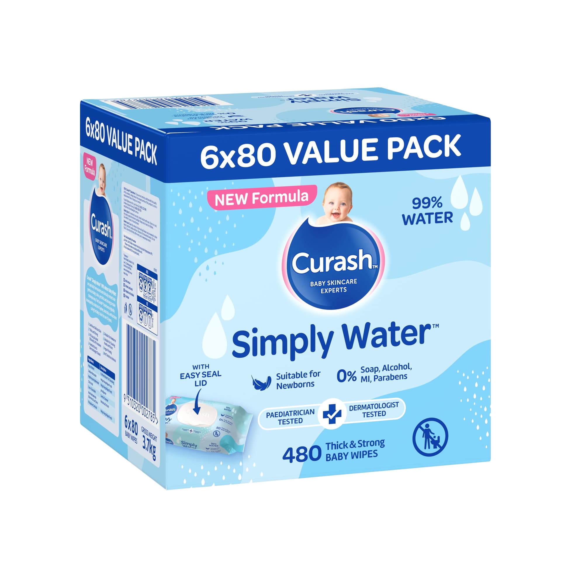 New Formula Curash Simply Water Baby Wipes, 6x80 Pack, Suitable for Newborns, 99% Purified Water, No Soap, Alcohol or Parabens, Thick & Soft Texture, Everyday Cleansing and Nappy Changes, 480 Wipes - Image 1