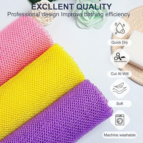 GIGULES, 3 Pieces African Net Bath Sponge African Exfoliating African Scrubbing Long Net Rag African Wash Net Shower Body Scrubber, Yellow Pink Purple - Yellow Pink Purple thumbnail 2