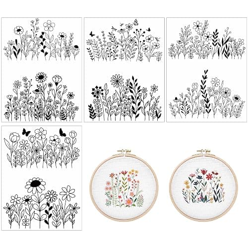 Water Soluble Embroidery Patterns Stabilizers - Rngmsi 4 Sheets Flower Stick and Stitch Embroidery Paper Wash Away 8 Pcs Plant Sunflower Butterfly Embroidery Transfer Paper Stabilizers for Hand Sewing - Image 1