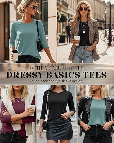 Ficerd 3 Pack 3/4 Sleeve Tops for Women Round Neck Dressy Basics Tees Casual Trendy Loose Fit T Shirts thumbnail 2