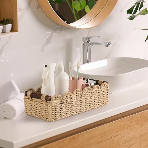 Toilet Paper Storage Basket Bathroom Counter Organizer Wicker Baskets for Organizing Cute Basket for Apartment Bedroom Nursery Room Kitchen Bathroom Decor -Beige thumbnail 5