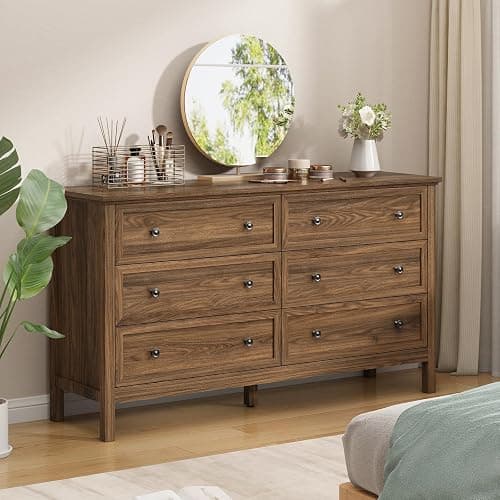 CARPETNAL 55" Walnut Dresser for Bedroom, 6 Drawer Dresser with Wide Drawer and Metal Handles, Wood Dressers & Chests of Drawers for Hallway, Entryway. - Image 1