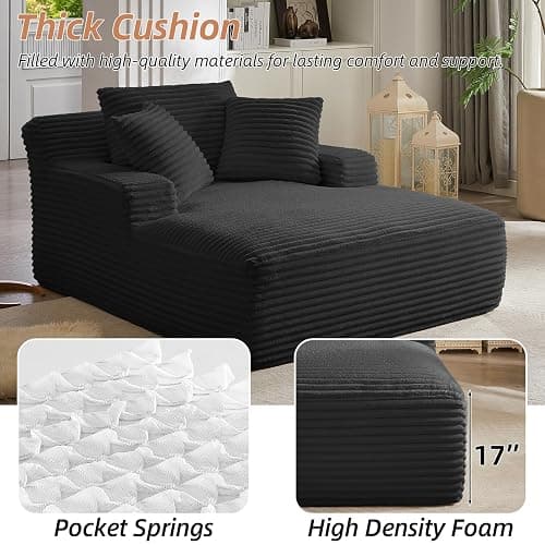 Keainvren Oversized Chaise Lounge Chair Indoor Corduroy Sofa Bed with Throw Pillows Recliner Chair Comfy Large Deep Seat Sofa Couch for Living Room, Bedroom, Apartment (Black) thumbnail 6