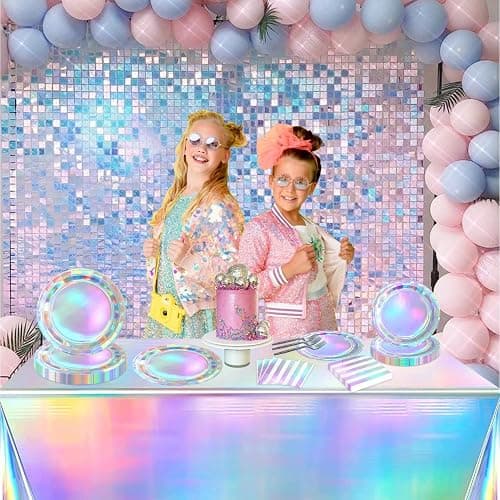 Iridescent Party Supplies for 20 Guests, Disposable Iridescent Tableware Set Includes Holographic Paper Plates, Napkins, Forks, Tablecloth for Birthday Mermaid Themed Party Decorations Wedding thumbnail 5