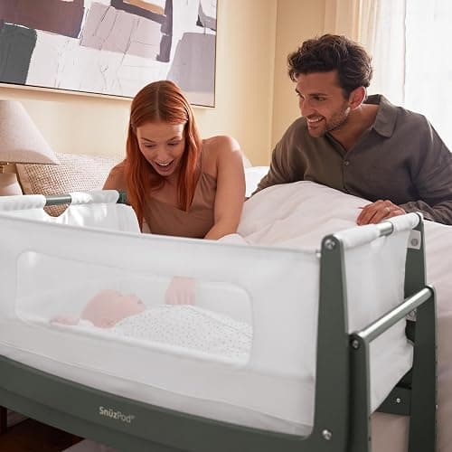 SnuzPod 4 Bedside Crib - Rocking Next to Me Crib with Lift off Bassinet, Lightweight Portable Baby Bed Cot with Zip-Down Wall 3D Breathable Mattress, 6 Height Settings and Comfort Incline Mode, Sage - Sage - Single thumbnail 2