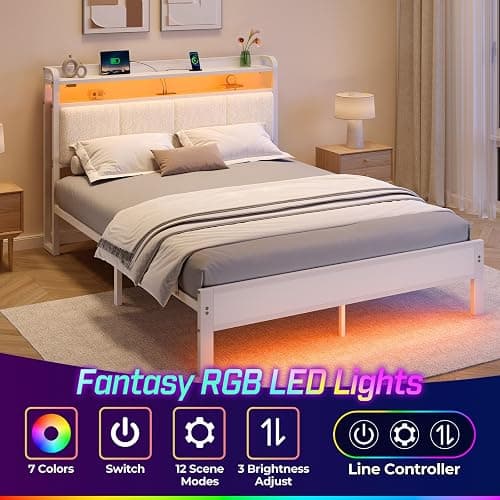 Rolanstar Bed Frame Full Size with Charging Station and LED Lights, Upholstered Headboard with Storage Shelves, Heavy Duty Metal Slats, No Box Spring Need, Noise Free, Easy Assembly, White thumbnail 3