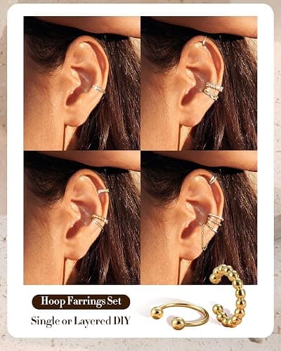 9PCS Ear Cuffs Earrings for Women Non Piercing 14K Gold Plated - Hypoallergenic Adjustable Ear Cuffs Trendy Non Tarnish Clip on Cartilage Fake Earring Stacks Wrap Jewelry thumbnail 7