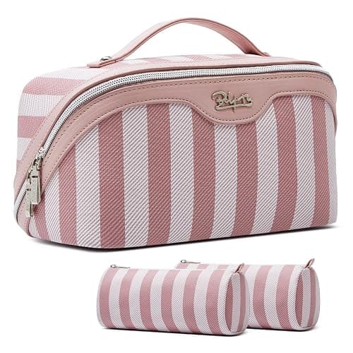 BOYATU Travel Makeup Bag for Women: Large Cosmetic Bag Set of 3 - PU Leather Make up Bag with Compartments - Compact Waterproof Toiletry Bag with Divider & Handle (B-1-Pink) - Image 1