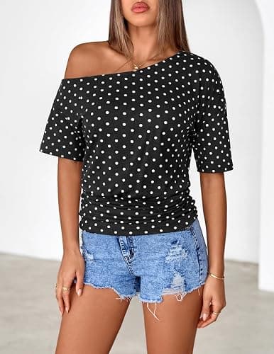 MEROKEETY Women's Off The Shoulder Short Sleeve Tops 2026 Summer Casual Going Out Trendy Y2k T Shirts thumbnail 2