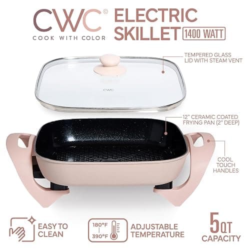 COOK WITH COLOR Electric Skillet - 12" x 12" Ceramic Nonstick Pan, PFAS-Free, 1400W, Tempered Glass Lid, Variable Temperature, Removable Heating Probe, Cool-Touch Handles, Blush thumbnail 3