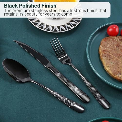 PUREAIN Silverware Set, 30 Pieces Black Hammered Flatware Set for 6, Mirror Polished Stainless Steel Cutlery Set for Home, Kitchen, Restaurant and Hotel, Dishwasher Safe thumbnail 6