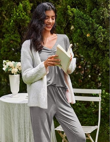 Ekouaer Womens 2 Pack Pajama Set Long Sleeve Pajamas Top and Pants V Neck Pjs Set Soft Sleepwear Loungewear thumbnail 5