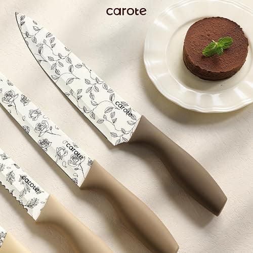 CAROTE 12PCS Knife Set, Kitchen Knife Set with 6 Blade Guards, Stainless Steel Knives Set With Nonstick Ceramic Coating, Rustproof, Delicate Floral Designs, White thumbnail 6