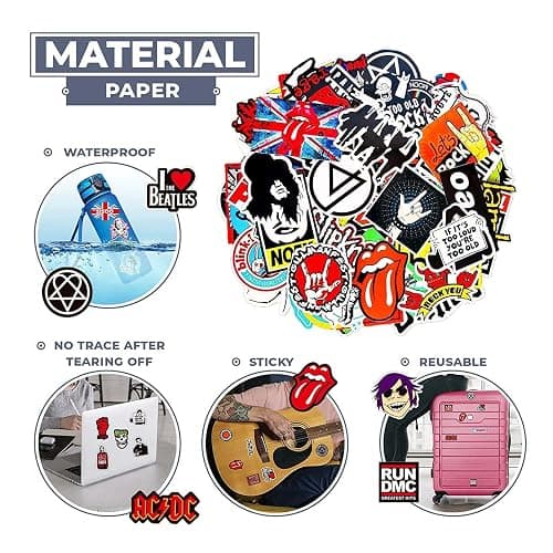 100 Stück Rock Band Punk Aufkleber, Classic Rock Sticker Pack für Erwachsene Cool Metal Punk Musik Aufkleber für Gitarre Laptop Skateboard (ROCK1) thumbnail 2