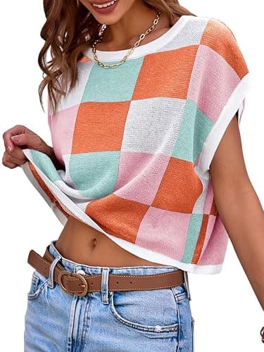 Saodimallsu Womens Cap Sleeve Crop Tops Summer Color Block Going Out Crew Neck Knit Trendy Casual Sweater thumbnail 3