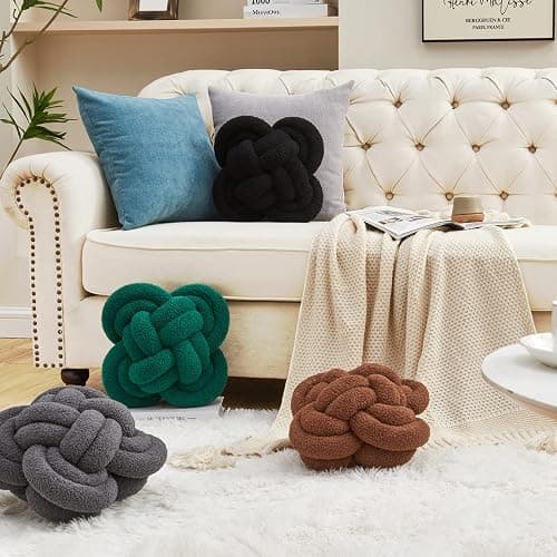 Xiashrk Knot Pillow Ball, 12" Soft Decorative Throw Pillows for Couch Bed, Dark Brown Knotted Plush Throw Pillow Handmade Square Cushion Home Couch Decor Pillows for Living Room thumbnail 4