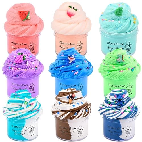 9 Pack Slime Kit, with 6 Butter Slime and 3 Cloud Slime, Soft and Non-Sticky Slime, with 9 Cute Slime Charms, Stress Relief Toy for Girls Boys, Party Favor for Kids, Birthday Favor - Image 1