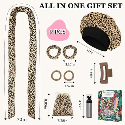 Gwabee No Heat Overnight Curl Headband - 70" Soft Ribbon Wrap for Long Hair, 9 PCS Curling Rods Set - Leopard Print Curls Headband thumbnail 5