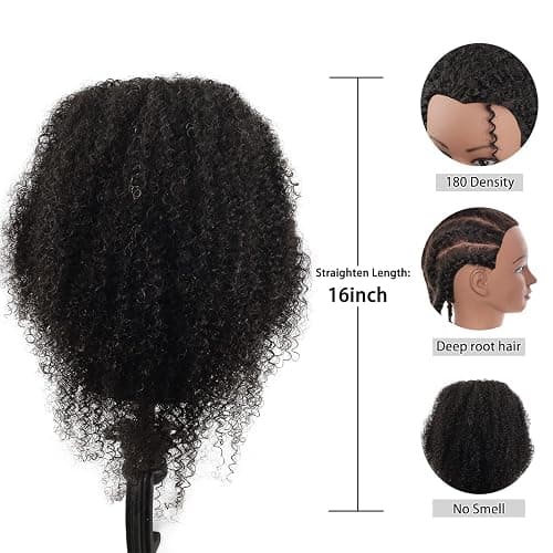 100% Human Hair Mannequin Head Kinky Curly Head Mannequin Real Hair Cosmetology Doll Head for Hair-styling Practice Manikin Training Head With Clamp Stand thumbnail 5