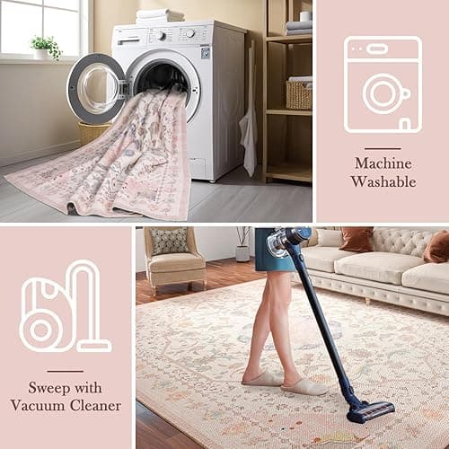 auruge Area Rug - Vintage 5x7 Non-Slip Backing Area Rugs Light Pink Soft Faux Wool Carpet Foldable & Machine Washable Rugs for Living Room Bedroom Dining Room Nursery Home Office - 5'x7' - Pink thumbnail 5
