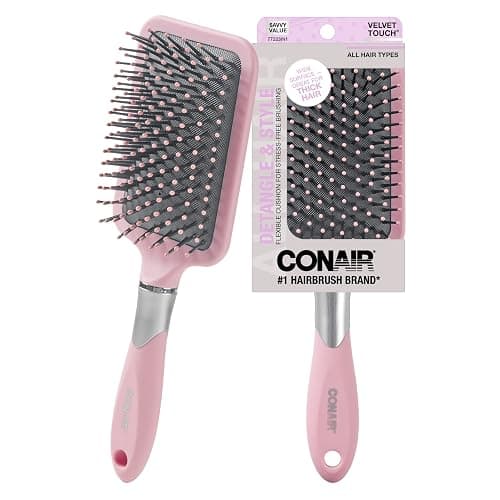 Conair Velvet Touch Paddle Cushion hair brush - Detangling hairbrush - curly or straight styles - men or women - detangler - features soft touch handle - Blush Pink - Image 1