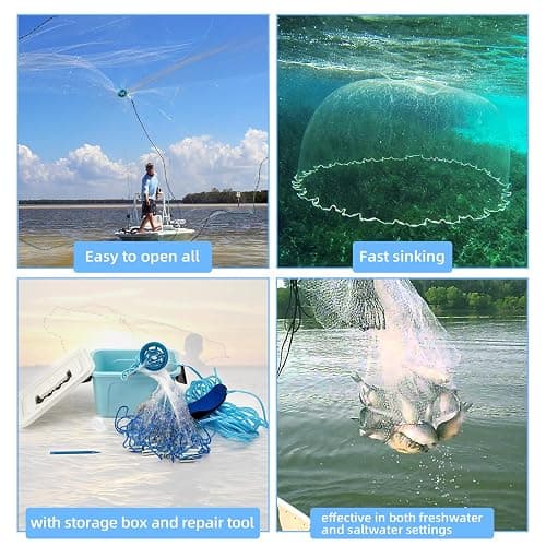 Handmade American Cast Net, BalanZze Casting Fishing Net for Bait Trap Fish, Throw Nets with Zinc Sinker Weights for Freshwater & Salt Water (3/4/5/6/8/9/10 Ft, 1/2 Inch Mesh Size) thumbnail 5