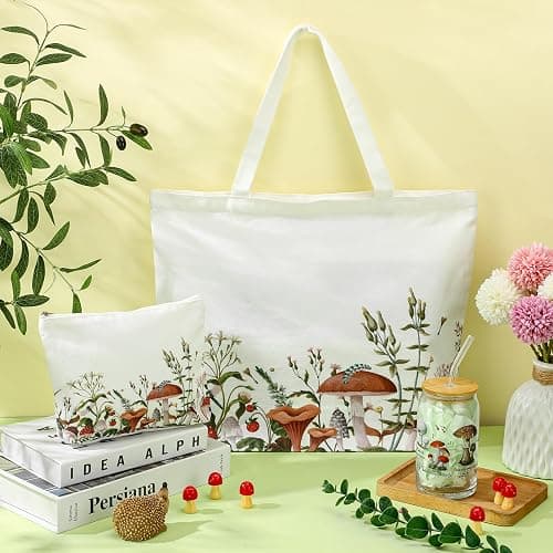 FoldTier 3 Pcs Plant Lover Gifts for Women, Thanksgiving Aesthetic Gifts for Mom, Grandma, Floral Canvas Tote Bag, 16 oz Coffee Cup with Straw Lid, Makeup Bag for Baby Shower, Wedding(White,Mushroom) thumbnail 2