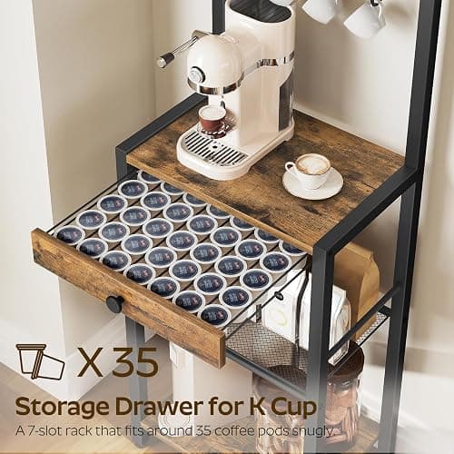 YATINEY Bakers Rack, 5-Tier Coffee Bar Station, Coffee Stand with Pod Drawer Holder, Versatile Kitchen Storage Rack with 4 Hooks, for Living Room, Cafe Corner, Rustic Brown and Black KF01BRY1 thumbnail 5