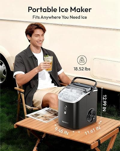 EUHOMY Nugget Ice Maker Countertop with Handle, Ready in 6 Mins, 34lbs Per Day, Removable Top Cover, Auto-Cleaning, Portable Sonic Ice Maker with Basket and Scoop, for Home/Party/RV/Camping (Black) thumbnail 2