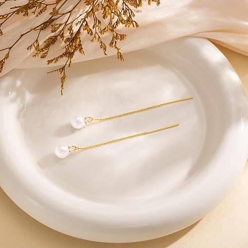 NECOCY Christmas Gift 14K Gold/Silver Plated Dangle Earrings for Women Dainty Long Hanging Chain Earrings Trendy Dangling CZ/Pearl Threader Earrings for Women Jewelry thumbnail 5