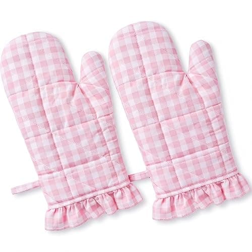 Twistover Ruffle Gingham Oven Mitts 2-Pack Set, Pink, 7"x13" | Checkered Oven Mitts, Plaid, Cotton Heat Resistant, Non-slip Grip for Baking BBQ, Cute Farmhouse Style, Safe Pot Holders - Image 1