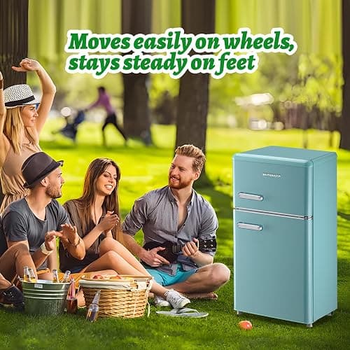 DEMULLER Small Refrigerator with Top Freezer 100Liter Retro Mini Fridge with Adjustable Glass Shelving, 7 Temperature Control and LED Lighting, Retro Mint Blue thumbnail 2