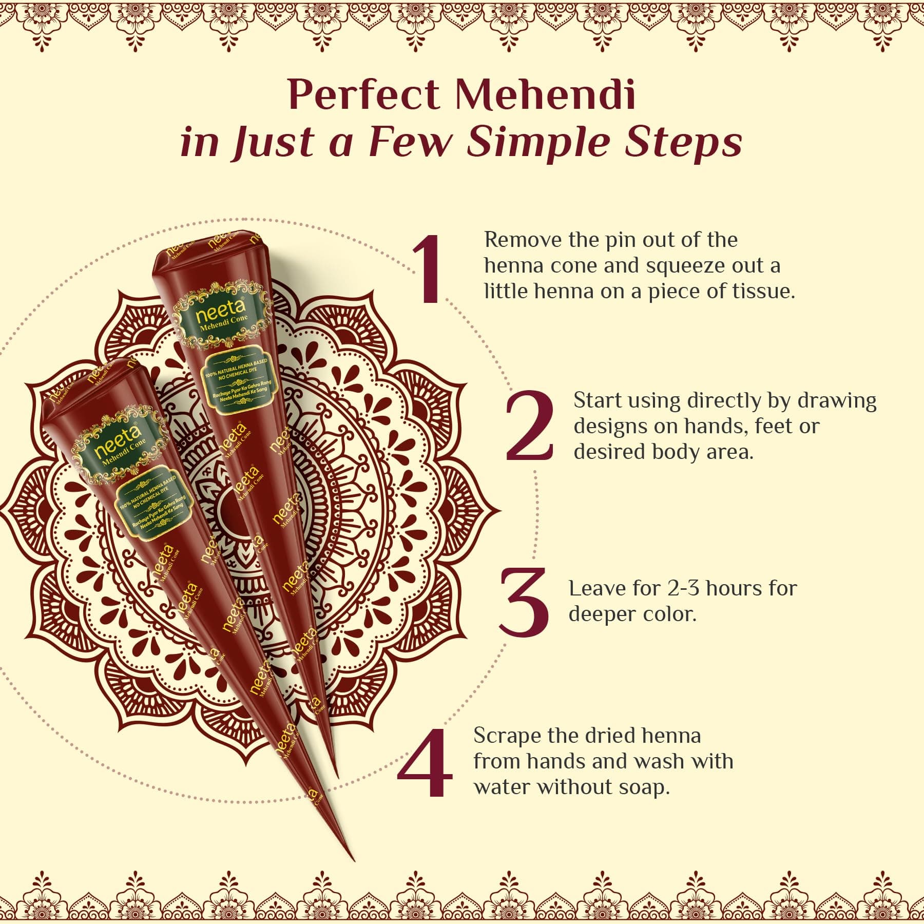 Neeta Mehendi Cone for Body Art, Herbal Henna Paste/Cones, Natural 100% Henna, Reddish Brown Color for Hand Tattoo Design, Pack of 8 Piece thumbnail 5