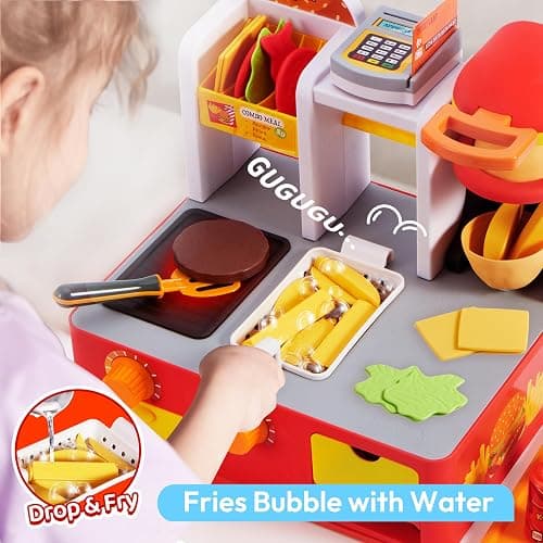 Play Kitchen Toddler Toy - 40+ PCS Fast Food Station with Potato Cutter, Simulated Frying Effect & Lights, Order & Drink Station - Pretend Play Food Toy Birthday Gift for Boys Girls thumbnail 4