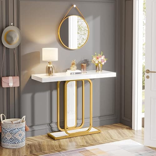 Tribesigns Modern Gold White Console Table with LED Lights, 41.3 Inch Entryway Hallway Foyer Accent Table with Faux Marble Veneer for Living Room, Entrance thumbnail 4