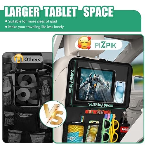 Plzpik Car Backseat Organizer with Tablet Holder,11 Storage Pockets with Foldable Food Tray, Protector Kick Mats for Kids, Travel Accessories Organizer (Black, 1Pack with Food Tray) thumbnail 4
