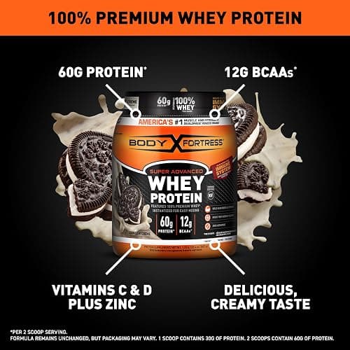 Body Fortress Super Advanced Whey Protein Powder, Cookies N’ Creme, 60g Protein & 12g BCAAs Per 2 Scoops, Muscle Gain & Recovery, Immune Support with Vitamins C & D, 1.78lbs (Packaging May Vary) thumbnail 3