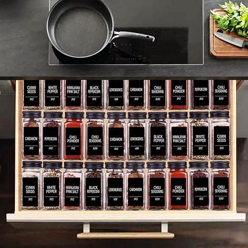 Churboro 25 Spice Jars with 547 Labels- Glass Spice Jars with Black Metal Caps, 4oz Empty Spice Containers with Shaker Lids, Funnel, Chalk Pen, Square Seasoning Bottles for Spice Rack, Drawer, Cabinet thumbnail 2