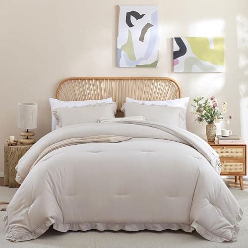 JANZAA King Size Comforter Set Beige Ruffle Comforter 3PCS Soft Fluffy Boho Comforter Vintage Farmhouse Bed Set Shabby Chic Bedding with 2 Pillowcases for All Season thumbnail 4