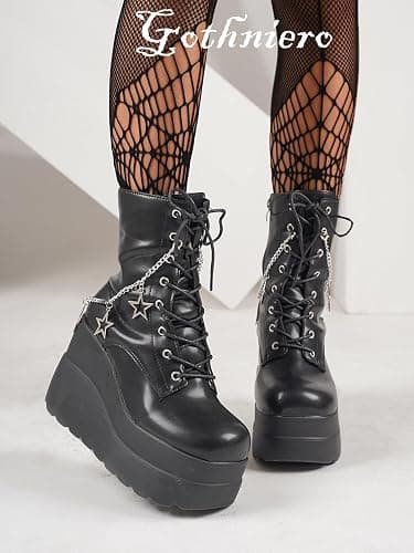 Gothniero Platform Goth Ankle Boots for Womem Black Holographic Combat Chunky Heel Boots with Side Zip Lace Up Wedge Booties US5.5-11 thumbnail 7