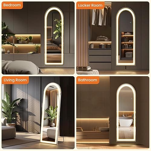 Arched Full Length Mirror with LED Lights, 63"x20" Body Floor Mirror with Dimming & 3 Color Lighting, LED Mirrors for Home Decor, Tall Arch Aluminum Frame Mirrors for Bedroom Cloakroom thumbnail 6