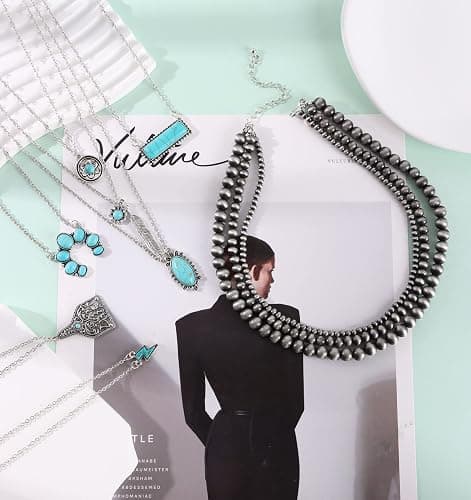WAINIS 6PCS Western Necklaces for Women Layered Navajo Pearl Necklace Turquoise Cow Lightning Horseshoe Pendant Necklace Cowgirl Boho Set thumbnail 5