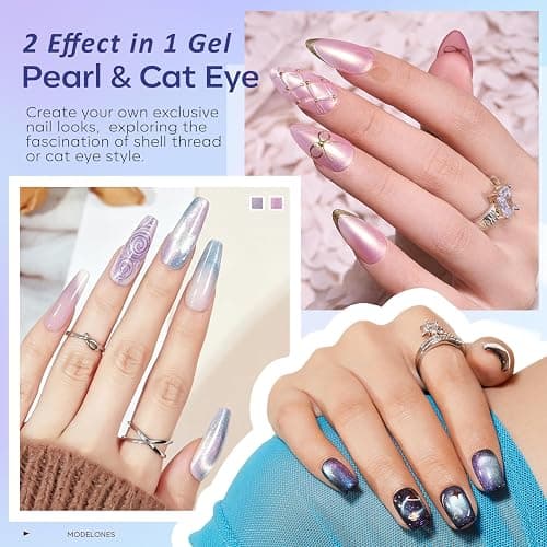modelones Cat Eye Gel Nail Polish, 6 Colors Pearl Magnetic Swirl Shell Set | Purple Pink Blue Nude Green Glitter Cateye Gel Polish Kit with Magnet, Iridescent Mermaid Thread, DIY Manicure Gift for Women thumbnail 4