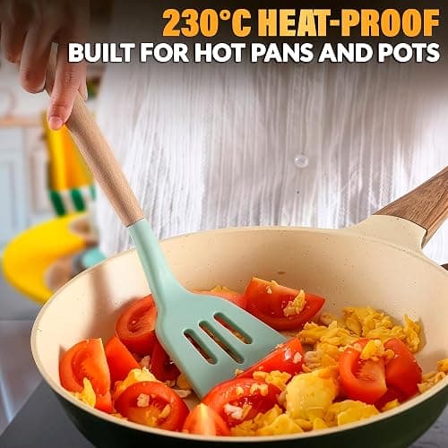12 Pcs Kitchen Accessories Set with Holder, Silicone Heads (Light Green) | Kitchen Utensils Set for Cooking and Baking; Wooden Handles; Heat-Resistant up to 446°F; Non-Scratch for Nonstick Pans thumbnail 6