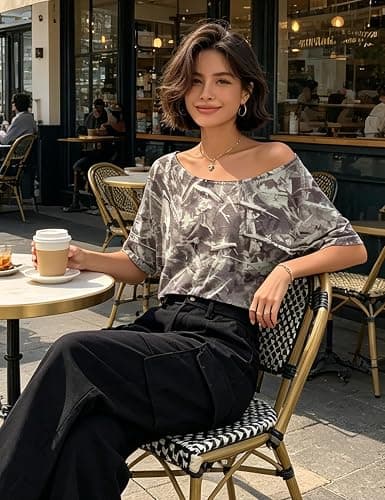 Kistore Off The Shoulder Tops for Women Going Out Short Sleeve Crop Top Boat Neck Loose T Shirt thumbnail 5
