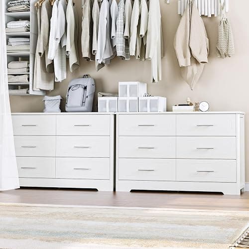 NEEEED THIS.    HOSTACK 6 Drawer Dresser, Modern White Double Dresser, Wide Chest of Drawers with Metal Handels, Accent Wood Storage Chest Organizers for Living Room, Hallway, Entryway (Trapezoid/White) thumbnail 4